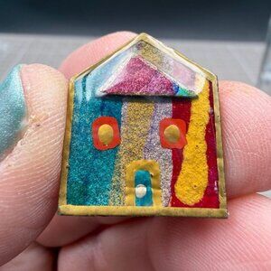 Vintage Hand Painted House Pin Mixed Media  Signed